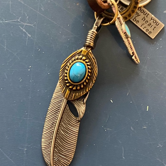 Turquoise Silver Feather Keychain Set - Picture 2 of 8